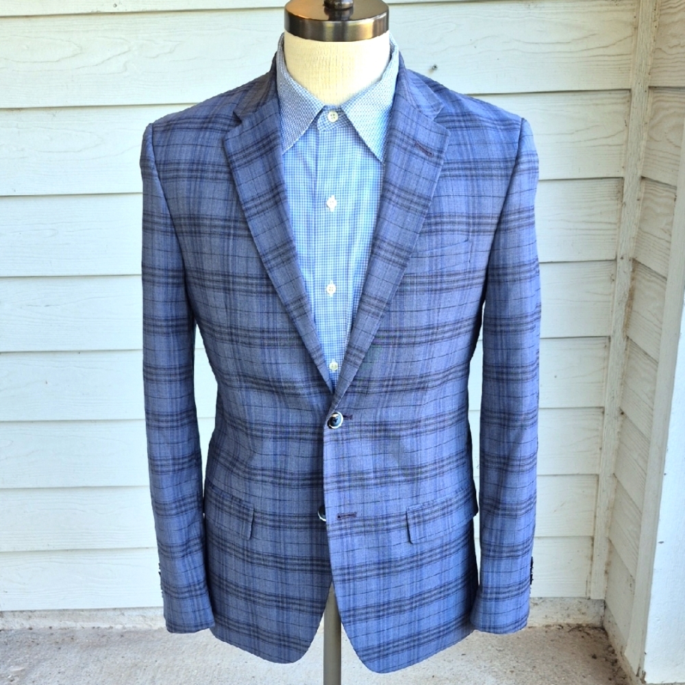 BEN SHERMAN Plectrum Grey Blue Plaid Blend Mens Sz 38 R Casual Preppy Sport Coat